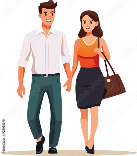 Vector illustration of a happy man and woman walking together and holding hands