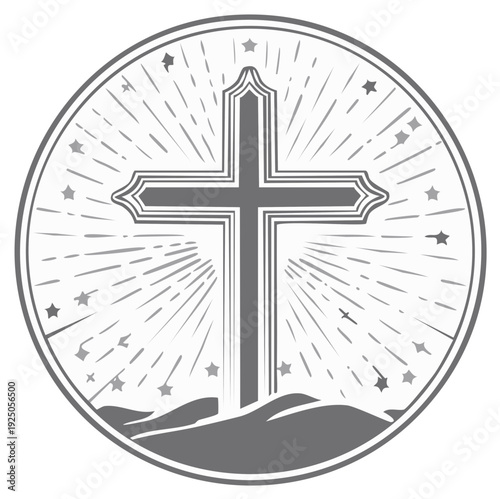 Christian Cross with Rays of Light and Stars in a Circle Sacred Symbol