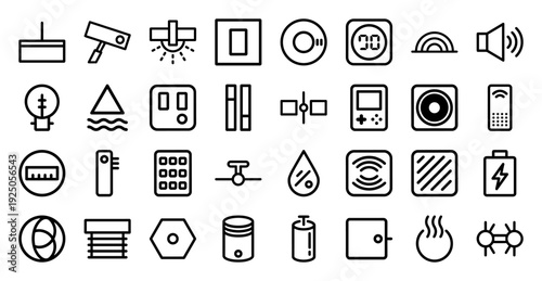Smart home automation and industrial sensor technology elements. Minimalist monoline pictograms for security systems, energy monitoring, and climate control interfaces.