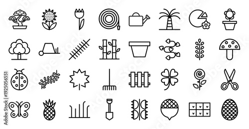Gardening and horticulture outline icons for landscaping services and botanical branding. Professional monoline pictograms featuring plant care, organic growth, and backyard maintenance tools.
