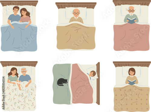 Couples and single people sleeping in bed, cozy bedtime scenes, top view under blanket healthy sleep vector illustration set