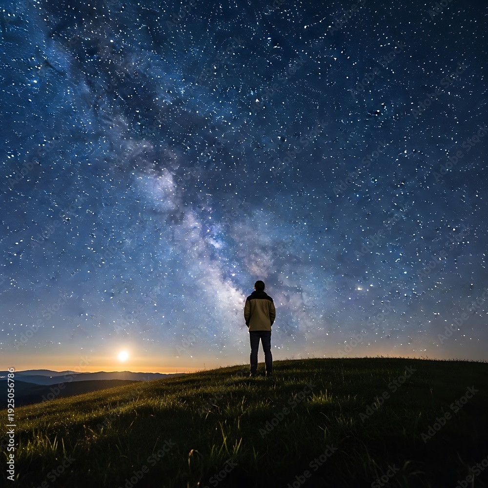 Fototapeta premium Contemplating the Cosmos - A Lone Figure Under the Milky Way.