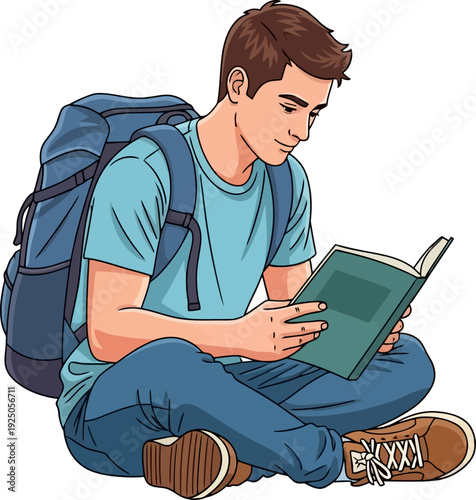 Intellectual traveler sitting cross-legged on the ground while deeply engrossed in a book during a quiet moment of rest