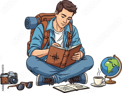 Intellectual voyager documenting his global experiences in a leather-bound journal