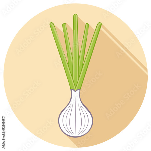Green onion flat design icon with long shadow. Fresh vegetable vector illustration for healthy cooking.