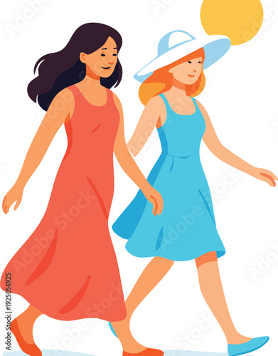 Two young women in summer dresses walking together under the sun