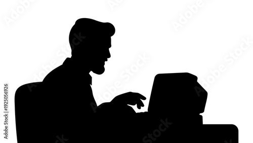 Bearded Man Silhouette Typing on Retro 1990s Bulky Laptop at Desk