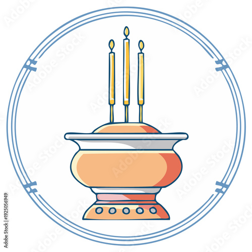 Three lit candles in an ornate ceremonial offering bowl