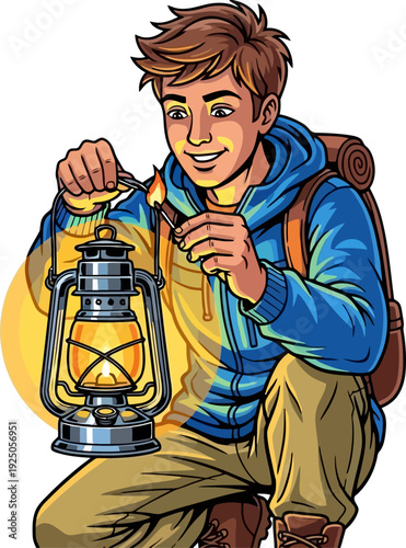 Luminous moment of a young camper striking a match to ignite a vintage kerosene lantern during a peaceful night expedition