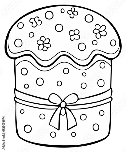 Black and white illustration of a decorated Easter cake adorned with floral patterns and circles