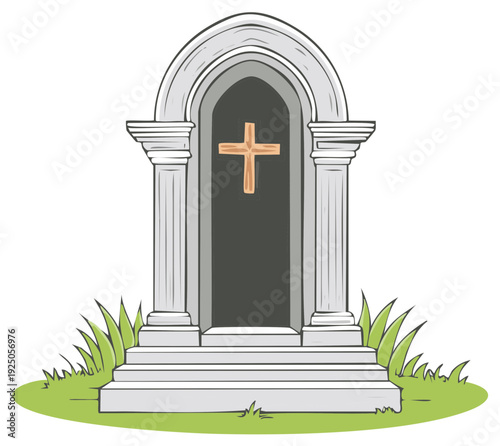 Christian burial tomb with a stone arch and wooden cross illustration