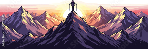 Majestic silhouette of a triumphant mountaineer standing on a jagged peak against a breathtaking sunrise horizon