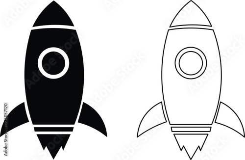 Two rocket icons, one solid black and one outlined, representing space travel and exploration.