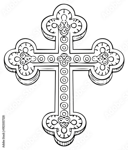 Christian Orthodox Cross Black and White Line Drawing Illustration Religious Symbol Faith Sign