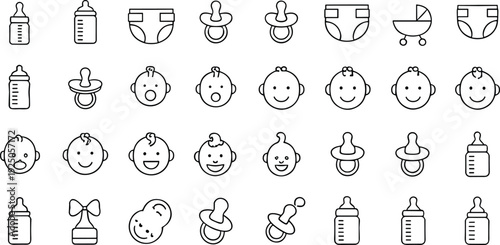Baby Face and Care Line Icons Set Infant Pacifier Bottle Diaper Outline Vector Collection Symbols
