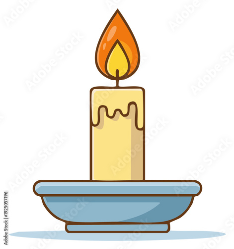 Cartoon illustration of a lit candle with a glowing flame and melting wax in a simple holder