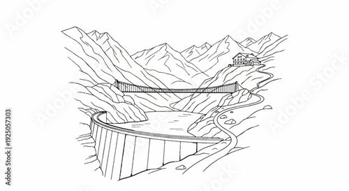 A bridge spans a lake in a mountainous landscape with a building above