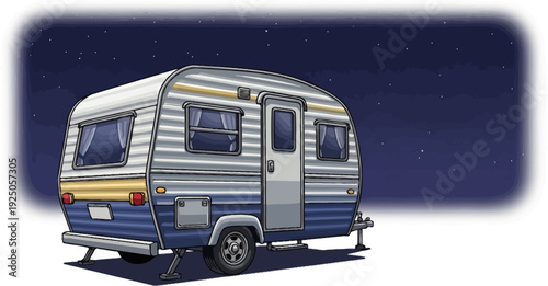 Nostalgic vintage silver caravan parked under a vast celestial canopy filled with stars in a retro travel illustration