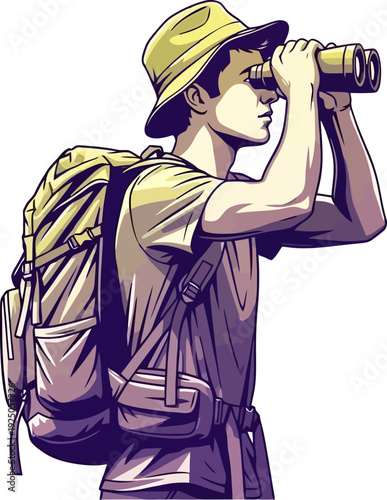 Observant and focused hiker using binoculars to scan the horizon in a profile view vector art style