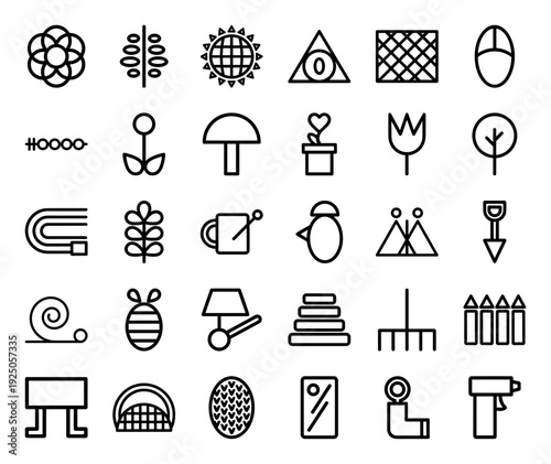 Sustainable gardening and agricultural equipment pictograms. Professional monoline icons featuring planting tools, botany, and organic growth concepts for landscaping.