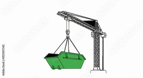 A crane lifts a green skip on a construction site