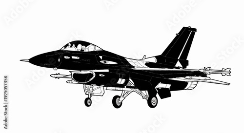 A high-detail black and white drawing of a modern fighter jet on the ground