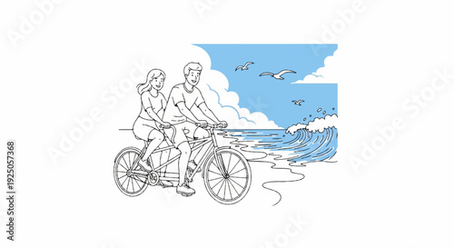 A couple enjoys a tandem bike ride by the ocean with waves and birds