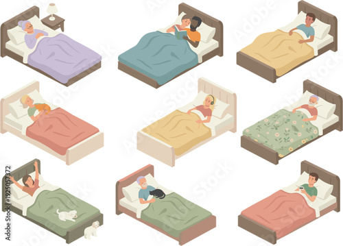 Isometric people sleeping in beds collection, cozy bedroom night scenes, healthy sleep and bedtime routine vector illustration set