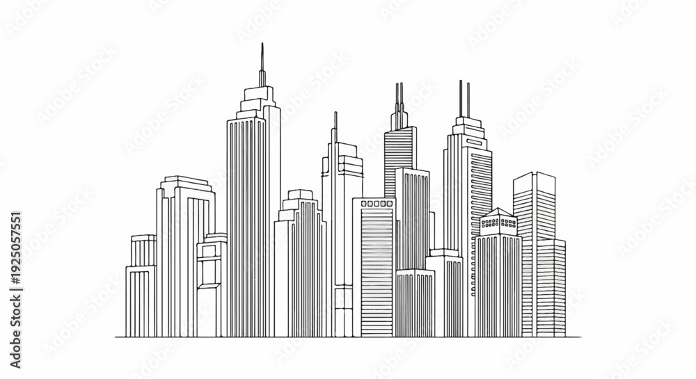 Obraz premium A line drawing depicts a dense urban skyline with various tall buildings