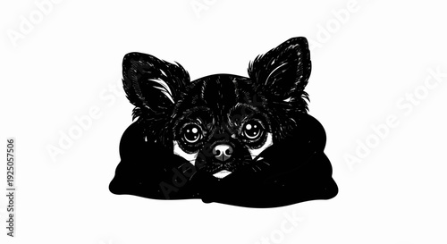 A close-up sketch of a fluffy black dog's face peeking from a dark garment
