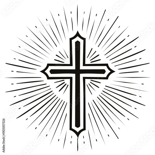 Christian cross radiates light in a burst, symbol of faith, hope and salvation in religion with vector image.