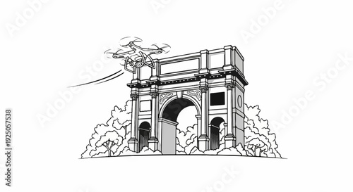 A drone flies near a monument with trees and clouds