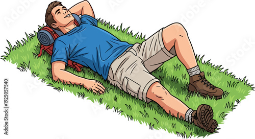 Peaceful moment of a tired hiker lying on lush green grass to recover after a long day of trekking in a relaxing vector illustration