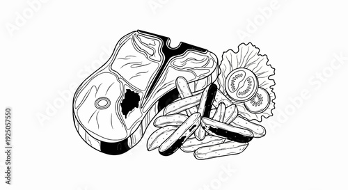 Black and white illustration of a T-bone steak with french fries and salad