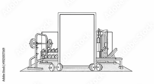A line drawing of gym equipment, including a rack of dumbbells, barbells, and a weight machine