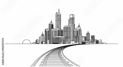 A linear sketch of a modern city skyline with a railway track