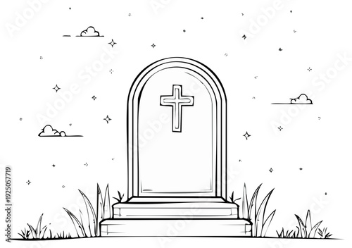 Simple Illustration of a Tombstone Against a Night Sky with Stars and Clouds