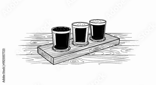 Three dark beverages in glasses on a wooden board and planks