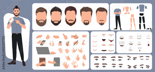 Business man avatar creation suitable for animation. Generator, constructor of diverse views of face, body, hands and leg parts. Male character construction for comfortable fast motion design.