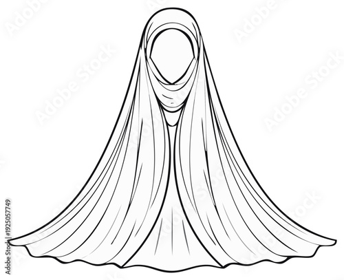 Elegant draping islamic headscarf artistic drawing illustration, flowy hijab design, religious modest attire vector outline