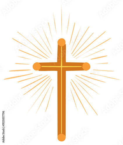 Golden Christian Cross with Rays of Light, Faith Symbol, Spiritual Icon, Religious Graphic