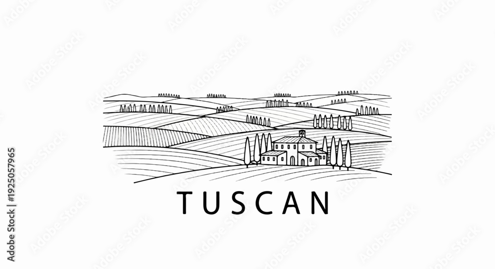 Obraz premium Stylized sketch of rolling hills, a villa, and cypress trees, with 