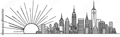 Sunrise over a stylized city skyline with tall skyscrapers