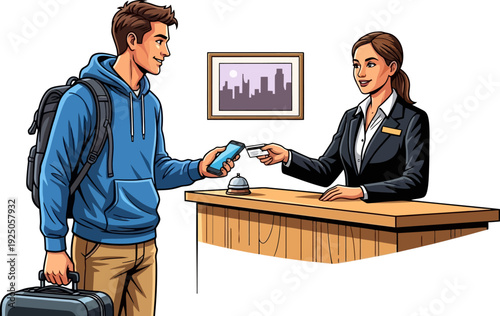 Professional hotel receptionist welcoming a young traveler at the check-in desk for a comfortable stay in the city