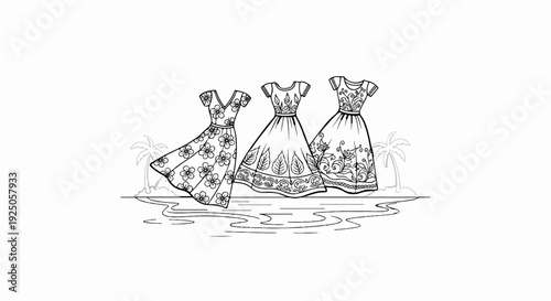 Three patterned dresses on a tropical shore with palm trees and water