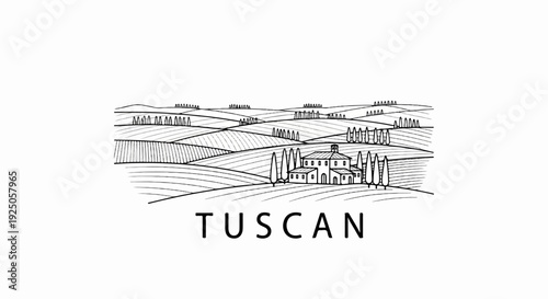 Stylized sketch of rolling hills, a villa, and cypress trees, with "TUSCAN" below