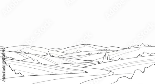 A winding road curves through rolling hills dotted with trees under a vast, empty sky