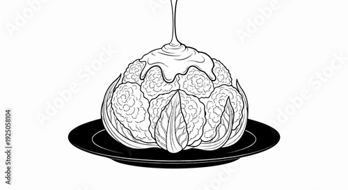 A close-up ink drawing of a whole cauliflower, served on a plate, with sauce