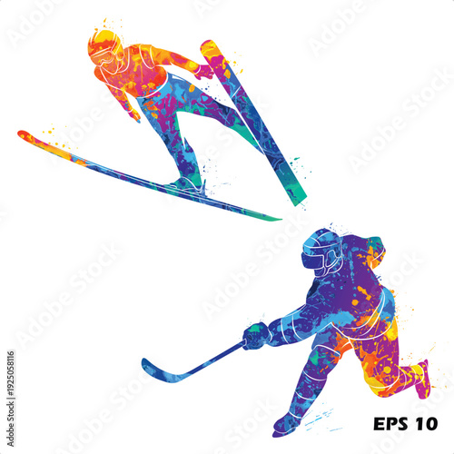Winter Sports Watercolor Silhouette Set. Colorful Paint Splash Vector Illustration of Ski Jumping and Ice Hockey Athletes in Dynamic Motion