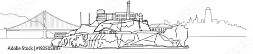 Stylized drawing of a prominent island prison with a suspension bridge and city skyline